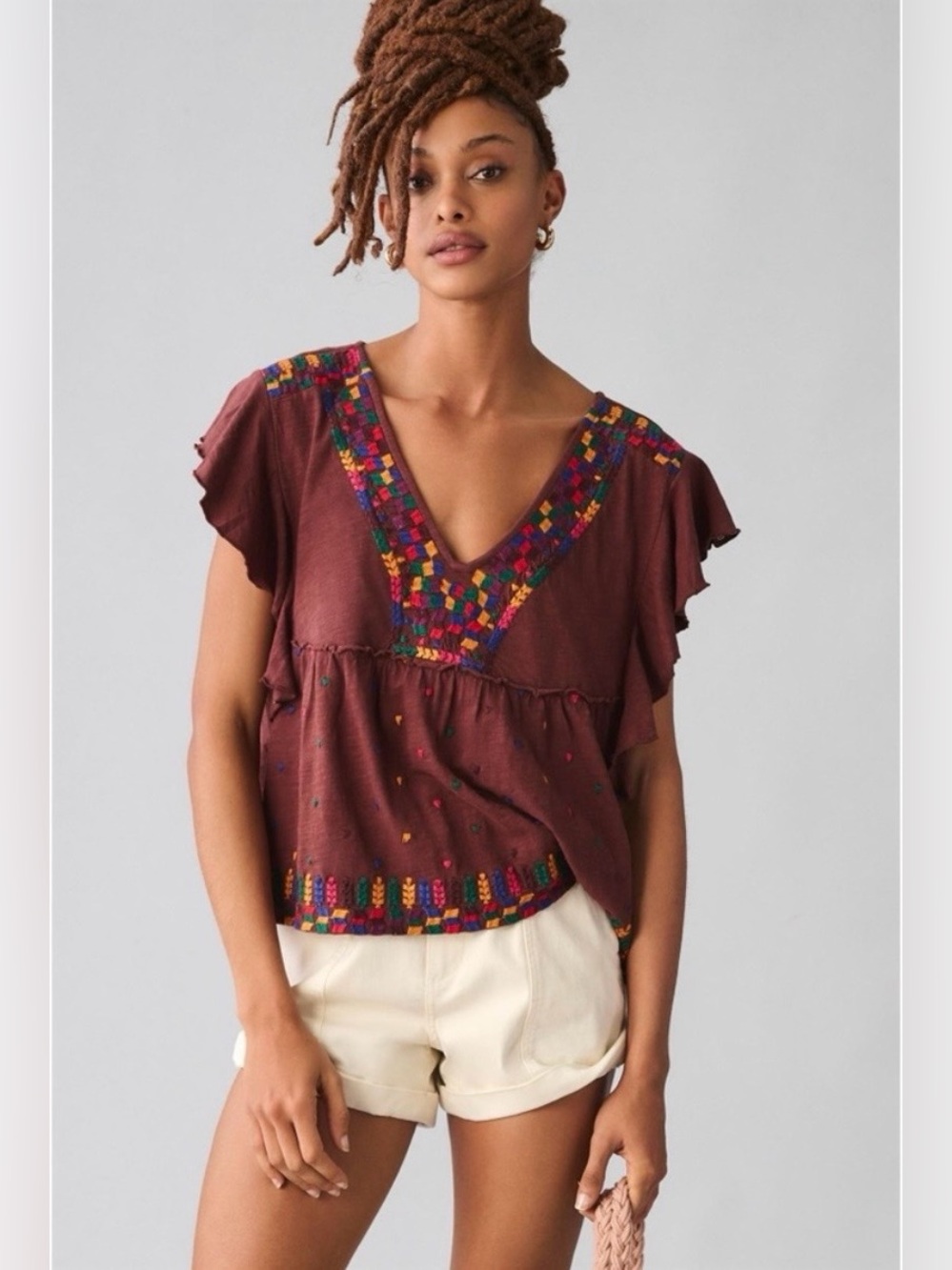 Anthropologie Embroidered Flutter Sleeve Top